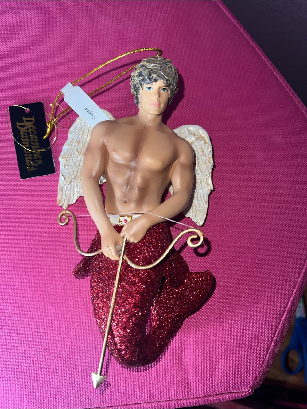 December Diamond Red Glitter Winged Cupid Ornament